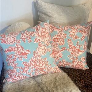 Set of TWO Throw Pillows: Floral & Bird Toile Print, 18” Sq. Feather & Down Fill